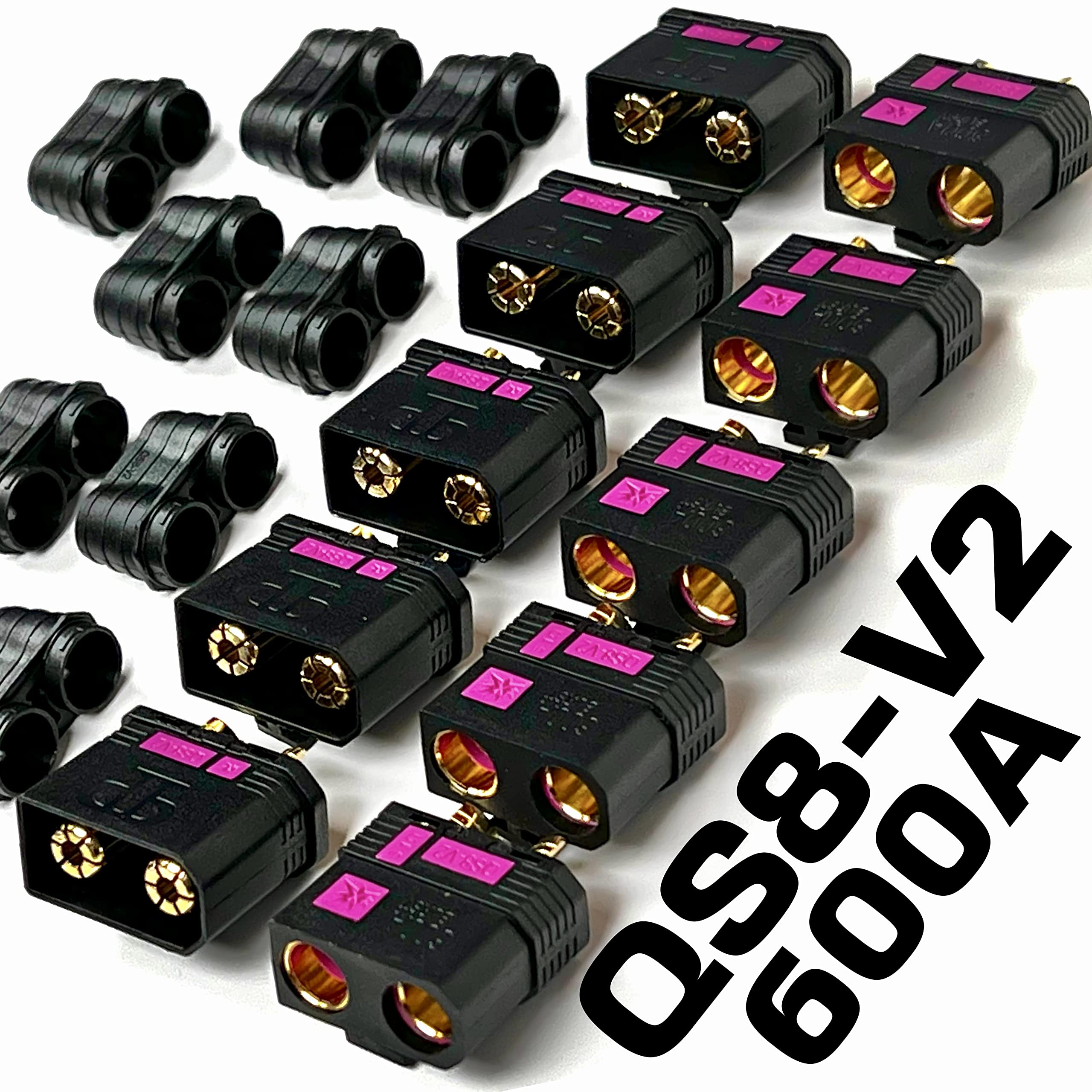 Photo 1 of Perfect Pass QS8-V2 Anti-Spark Connector Set (5 Pack) Male & Female + Wire Covers (4pc x 5) / New and Improved Version of QS8-S Connector / 600A Burst/Gold Plated 8MM Bullets QS8-V2!