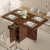 BHAODEAL Folding Dining Table for 2-6, Designed for Small Spaces, Walnut | 52.7" Folding Dining Table with 6 Wheels, Drop Leaf Table with Drawers, Shelves and Wine Rack for Small Spaces