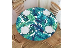KUOAICY Tropical Palm Leaves Tablecloth Elastic Fitted Round Table Covers Washable Reusable Elastic Tablecloth for Kitchen Dining Party Fitted Table 45-50 inch