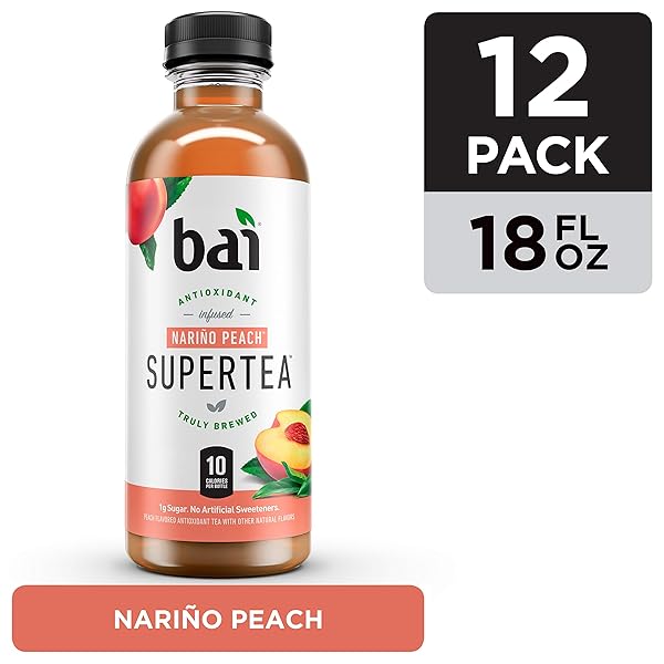BAI ICED TEA, NARINO PEACH, ANTIOXIDANT INFUSED SUPERTEA, CRAFTED WITH REAL TEA (BLACK TEA, WHITE TEA), 18 FLUID OUNCE BOTTLES, 12 COUNT