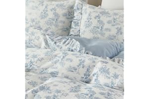 Brandream French Country Toile Duvet Cover Set Full Size for Girls Bedroom Vintage Blue Toile Floral Print 100% Cotton Delicate Ruffle Fringe Soft and Breathable, 3 Pieces Bedding with Zipper Closure