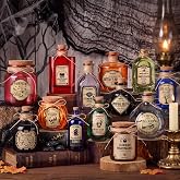 LemonRoad 13 Sets Halloween Decoration Potion Bottles with Cork | Vintage Glass Apothecary Jars, 22 Bottle Labels, Witch Party Favors, Halloween Party Table Decorations, Tiered Tray Decor