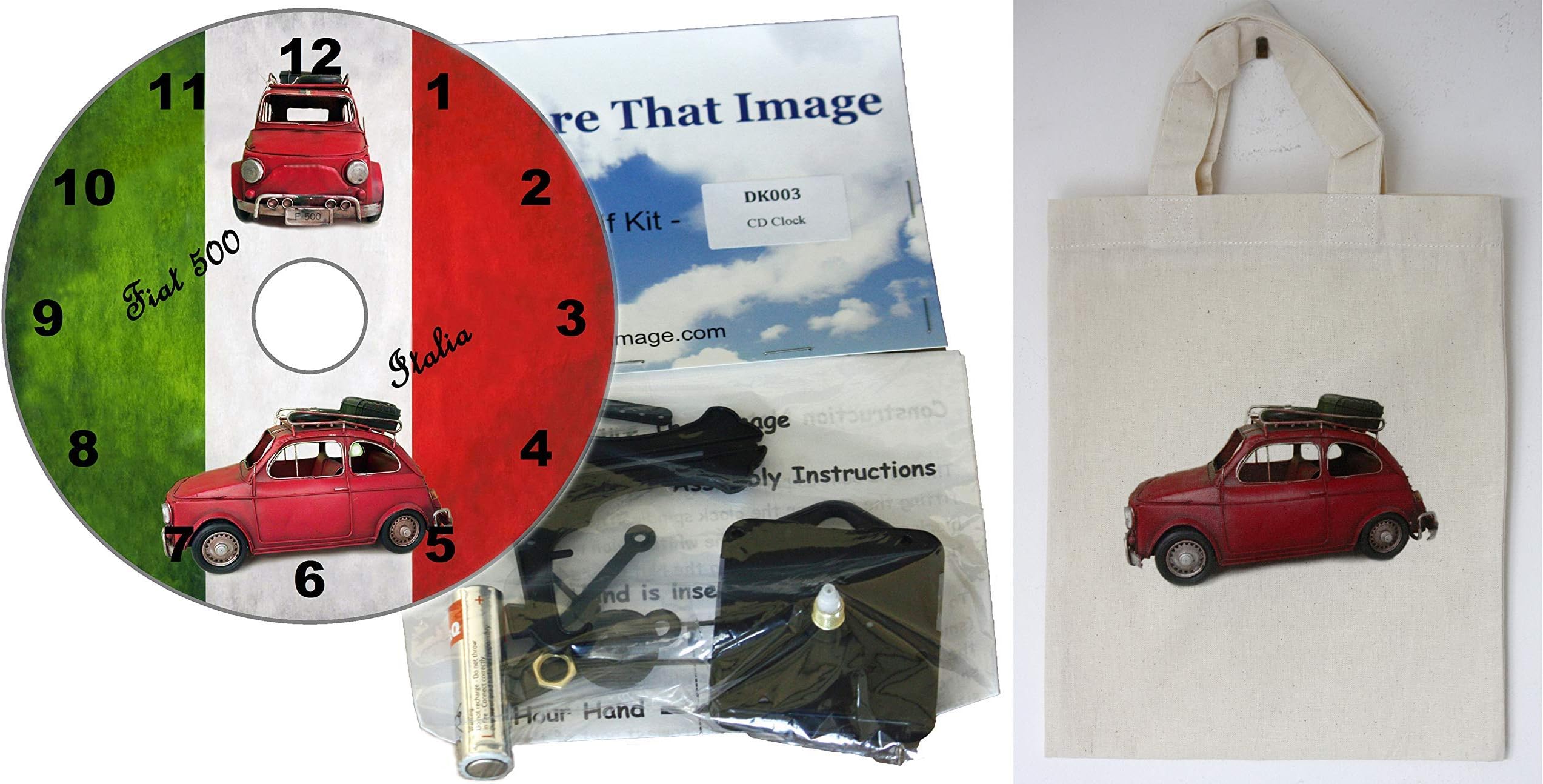 Fiat 500 Gift set - DIY CD Clock Kit in a Cotton Gift Bag with a Fiat 500 Motif