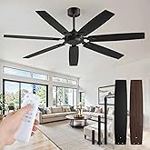 62 Inch Ceiling Fan No Light with Remote Control, Black Ceiling Fans Without Light With 6-Speeds Quiet Reversible DC Motor, Indoor/Outdoor Ceiling Fan with Dual Finish 7 Blades for Patio Living Room