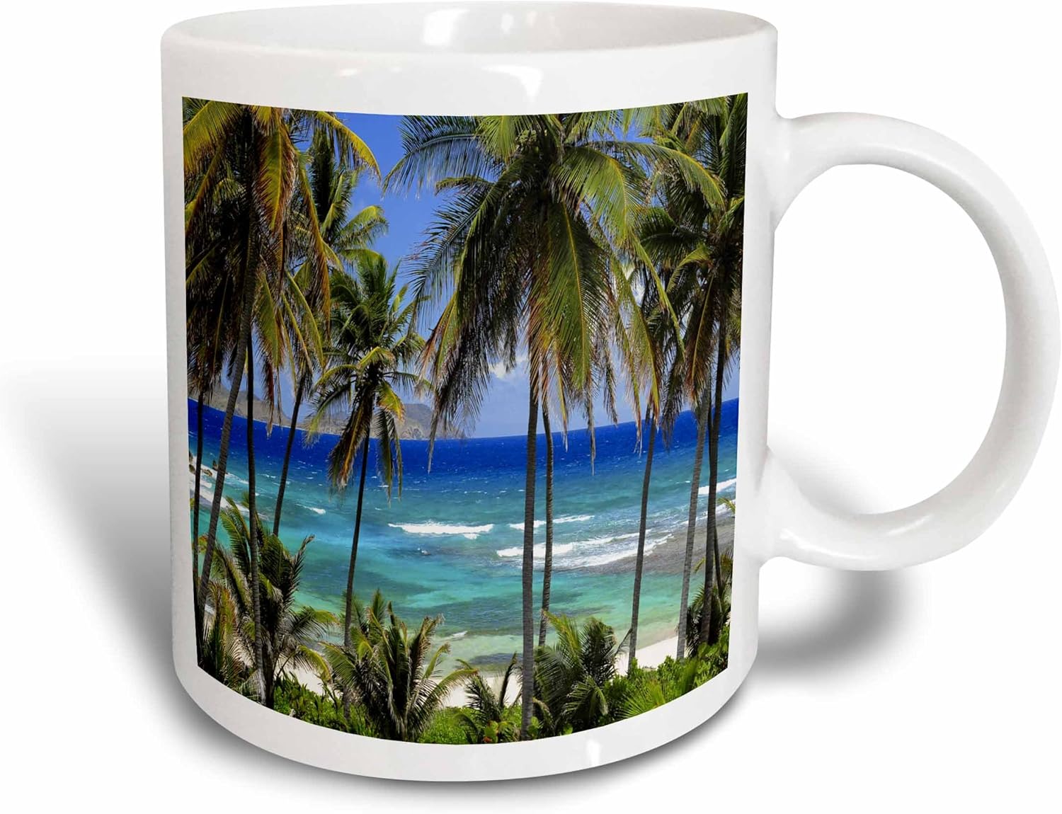 3dRose Tropical Day Scene With Swaying Palm Trees And Glimpses Of Blue Ocean Ceramic Mug, 11 oz
