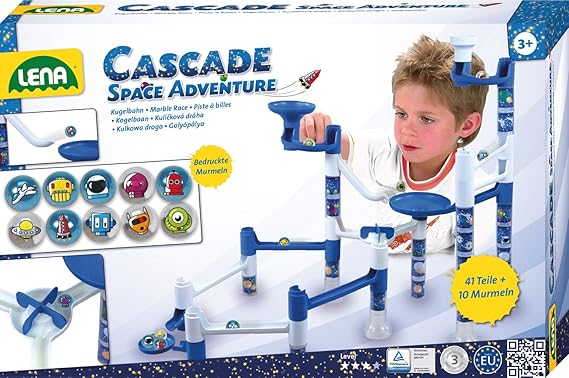 Lena 65207 - Cascade Kugelbahn Space Adventure, Murmelbahn im Weltraum Design, Baukasten mit 41 Bahnelementen und 10 bedruckt