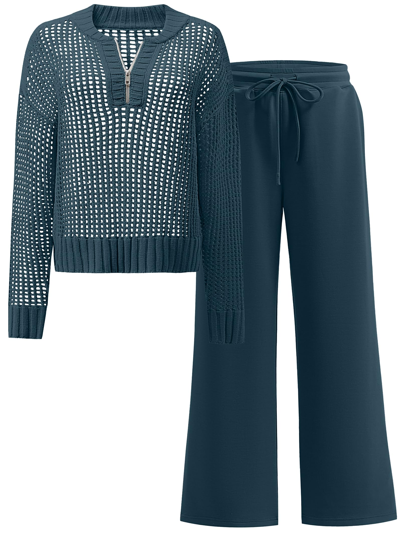 Photo 1 of ANRABESS Womens 2 Piece Outfits 2025 Fall Crochet Knit Half Zip Sweater Top Wide Leg Pant Travel Matching Sets Lounge Clothes Dark Teal Small