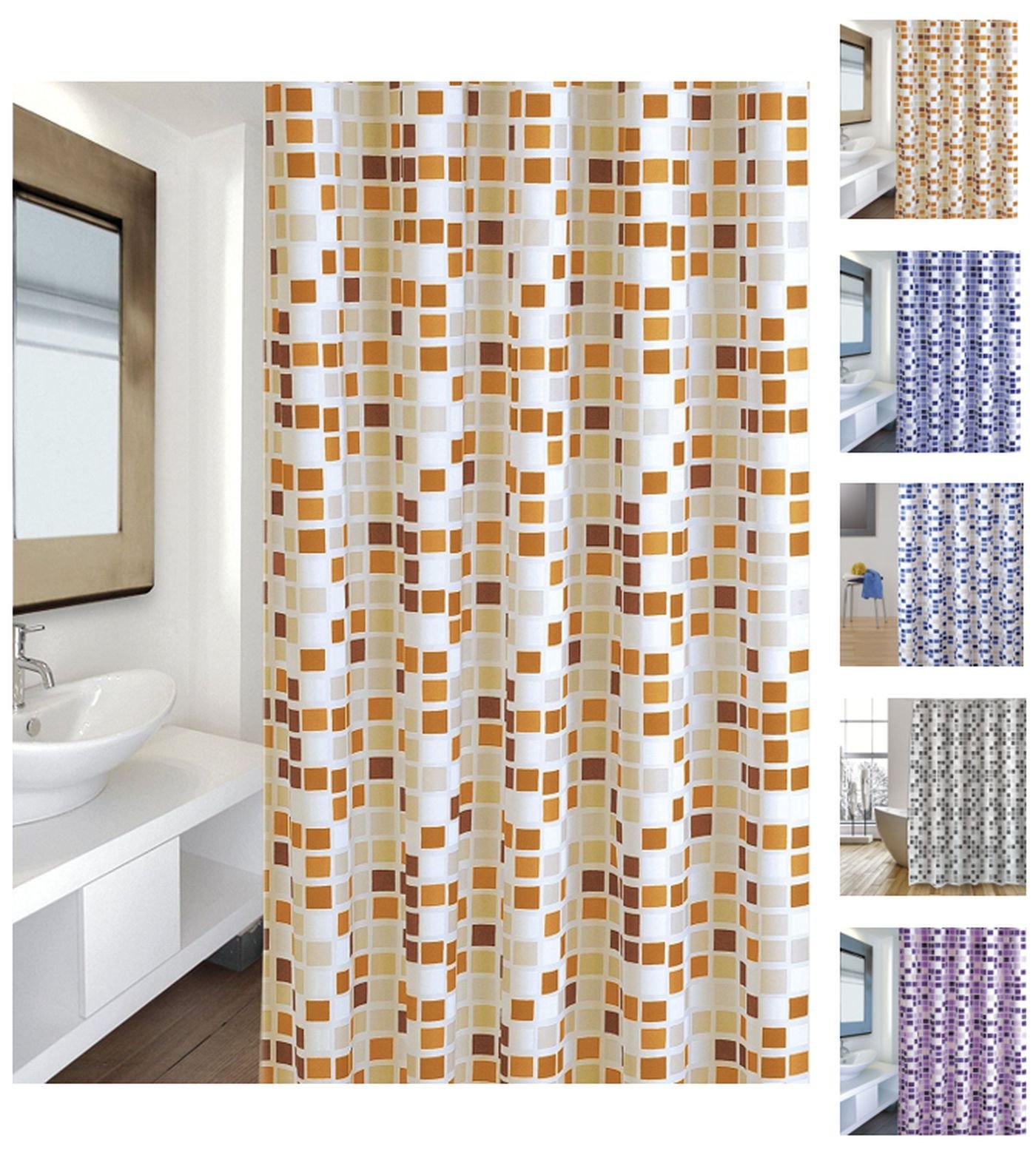 MSV "Mosaico Polyester Shower Curtain, Beige/Multi-Colour, 180 x 200 cm