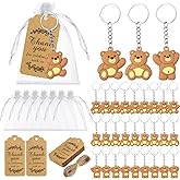 Rtteri 120 Pcs Bear Baby Shower Favors Bear Party Favors, Cute Keychain with Organza Bags Thank You Kraft Tags and Rope for Guests Girls Boys Birthday Party Supplies Decorations (Brown, Stylish)