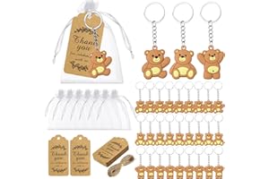 Rtteri 120 Pcs Bear Baby Shower Favors Bear Party Favors, Cute Keychain with Organza Bags Thank You Kraft Tags and Rope for Guests Girls Boys Birthday Party Supplies Decorations (Brown, Stylish)