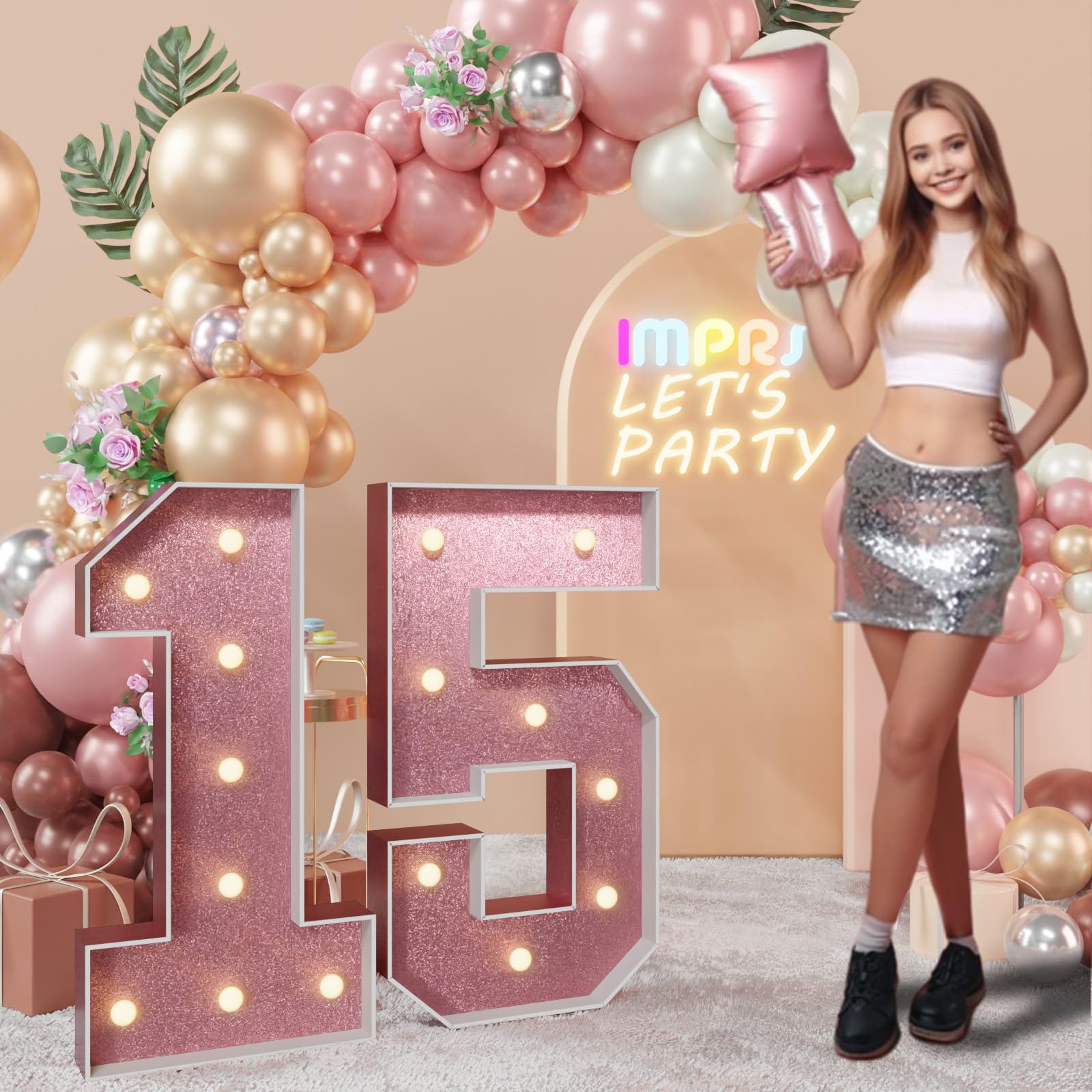 View 1 of imprsv 3FT Rose-Gold 15th-Birthday Decorations Numbers: 15th Birthday Party Anniversary Decorations Large Light Up Numbers 15 for Girls Boys