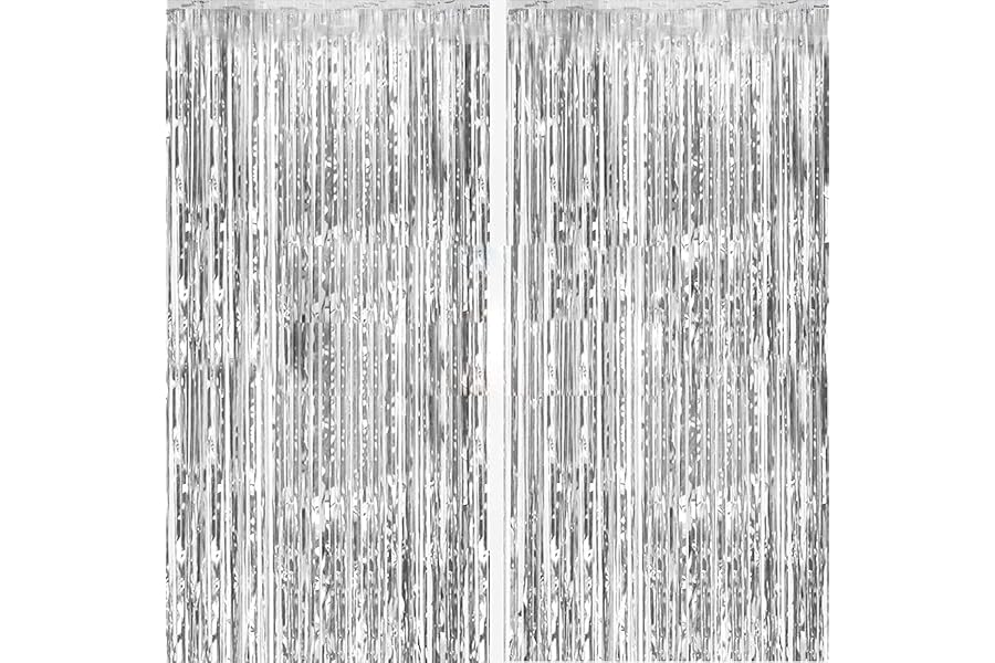 2 Pack Silver Foil Curtain Party Streamers Metallic Tinsel Foil Fringe Photo Booth Backdrop for Birthday Wedding Engagement Baby Shower Bachelorette Christmas Holiday Celebration Party Decorations