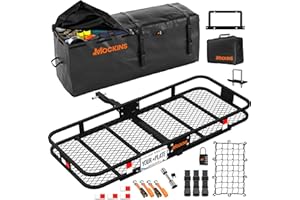Mockins 60"x20"x6" Heavy Duty Trailer Hitch Cargo Carrier w/License Plate Holder & 16 Cu.Ft. Waterproof Cargo Bag for Hitch Carrier | All-Weather 500 Lbs Cap Folding Luggage Rack for SUV Car & Truck
