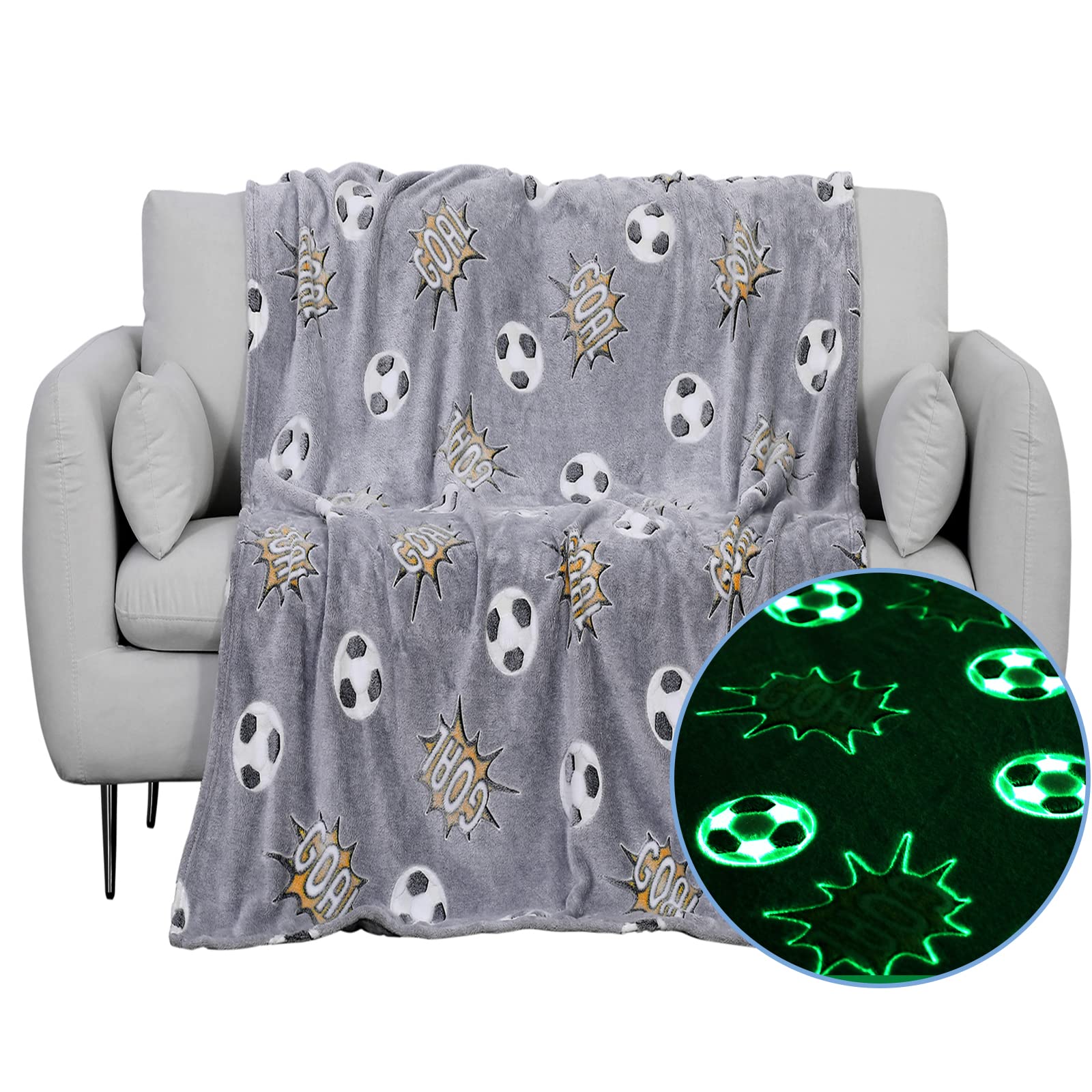 Photo 1 of Glow in The Dark Blanket Soccer for Kids Boys Girls Fun Soft Plush Flannel Furry Fluffy Nap Sleep Blanket, Christmas Thanksgiving Birthday Magical Decor Luminous Throw 50"x60"