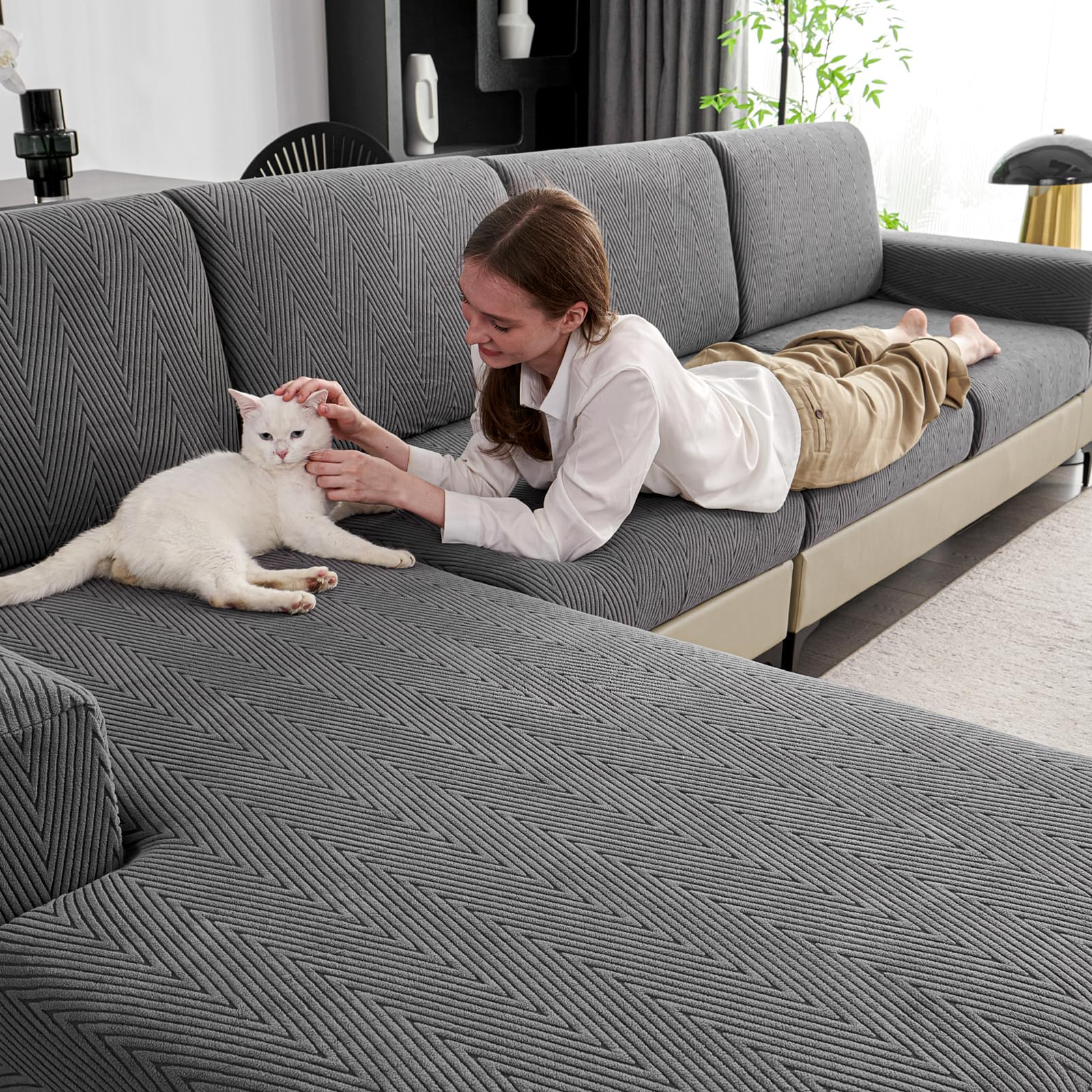 Photo 1 of Eertop Couch Cushion Covers for Sectional Sofa, Wear Resistant Stretch Sofa Slipcovers for Chair Sofa Cushion Furniture Protector Washable Seat Cover for Pets (Dark Gray, 3 Seat Covers S+ 1 Chaise)