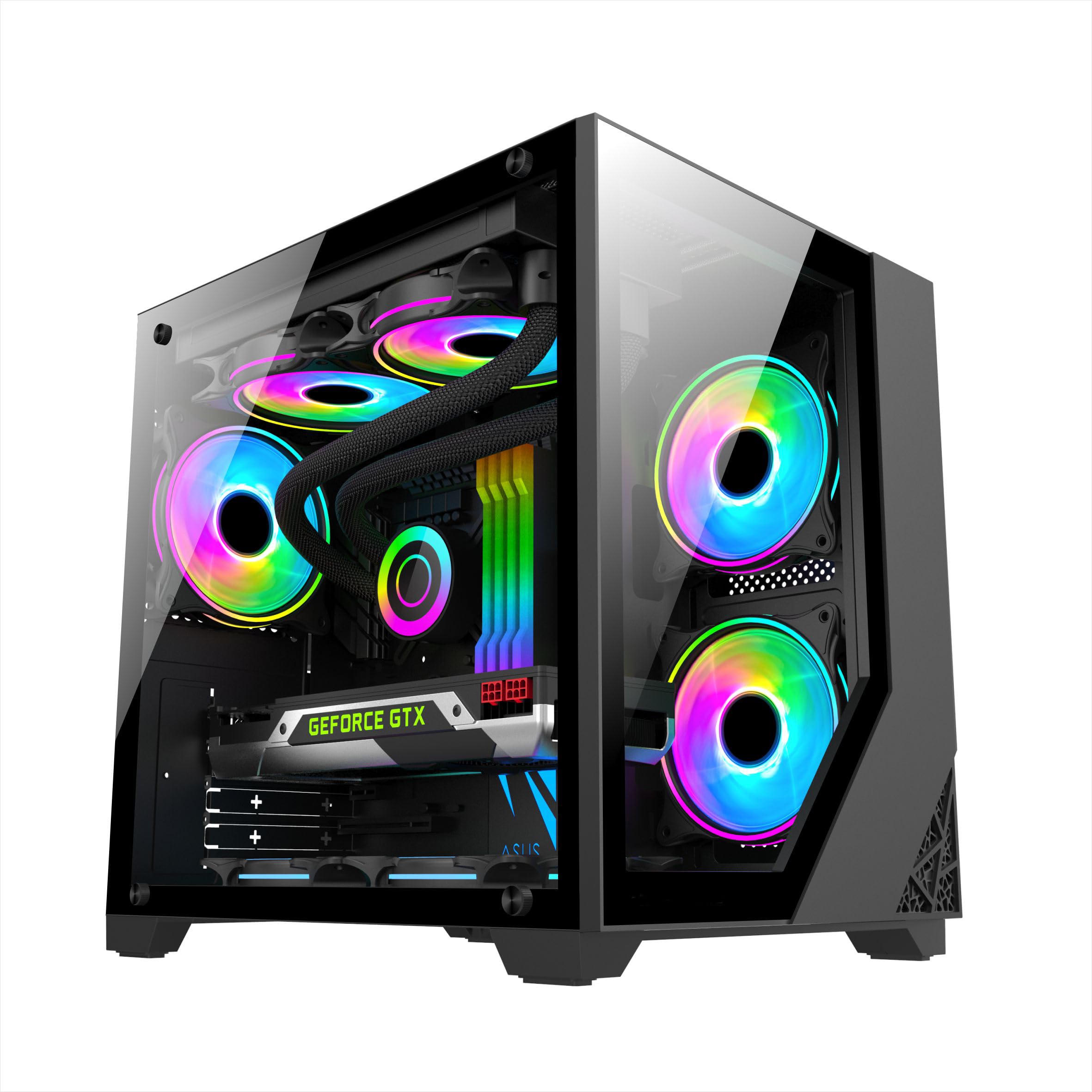Photo 1 of M-ATX/Mini-ITX Mini-Tower Computer Case,240mm Water Cooling Support, Pre-Install 5 RGB Fans, Gaming PC Mini Case with Dual-Sided Tempered Glass Panels, Black