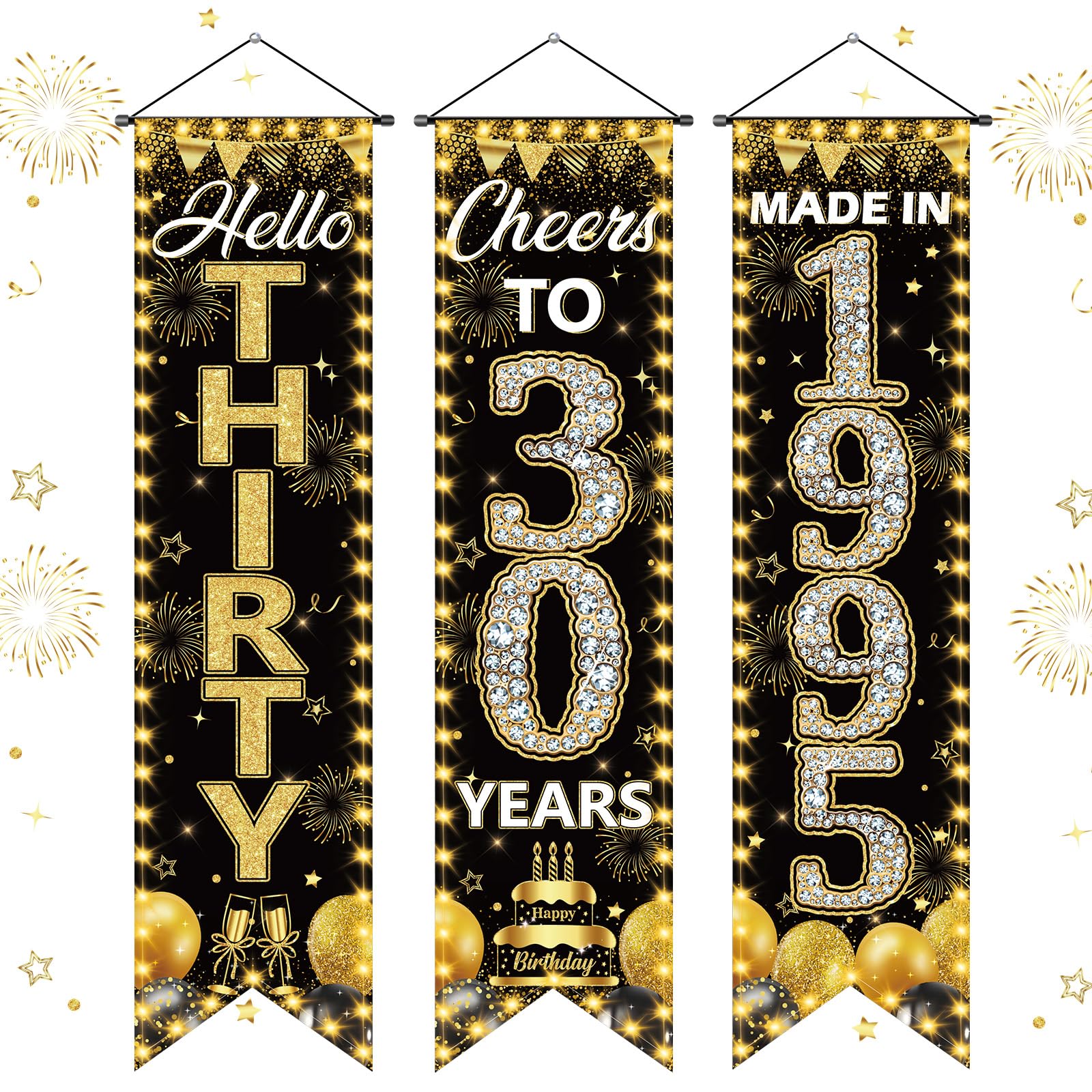 Photo 1 of 3 Pieces 30th Birthday Party Banners 30th Birthday Decorations for Men Women Black Gold 1995 Porch Signs Cheers to 30th Hanging Backdrops Black Gold Thirty Birthday Party Door Wall Decor Supplies