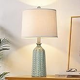 JUNNAI Green Ceramic Table Lamp 24.5": 3-Way Dimmable Nightstand Lamp with White Drum Lamp Shade | Modern Bedside Lamp for Be