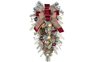 ARBORUS 30" Christmas Teardrop Swag for Front Door Artificial Winter Swag Garland with Pine Cones, Berry Clusters, Burgundy Ball Ornaments and Ribbons for Thanksgiving Holiday Christmas Decoration