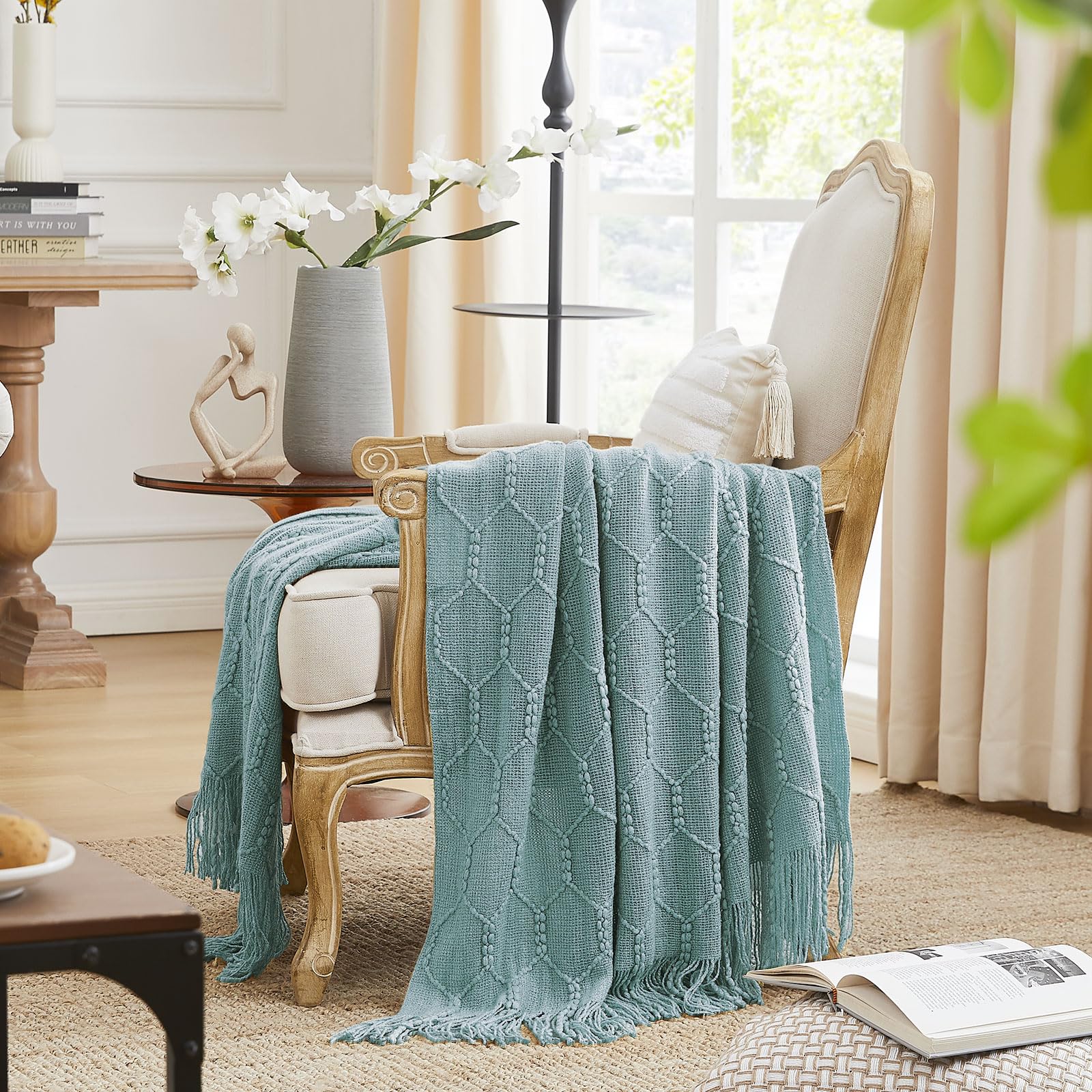 KASYLAN Diamond Knitted Throw Blanket Textured Solid Soft Sofa Throw Couch Knitted Decorative Blanket, 127x152cm Aqua — image 1