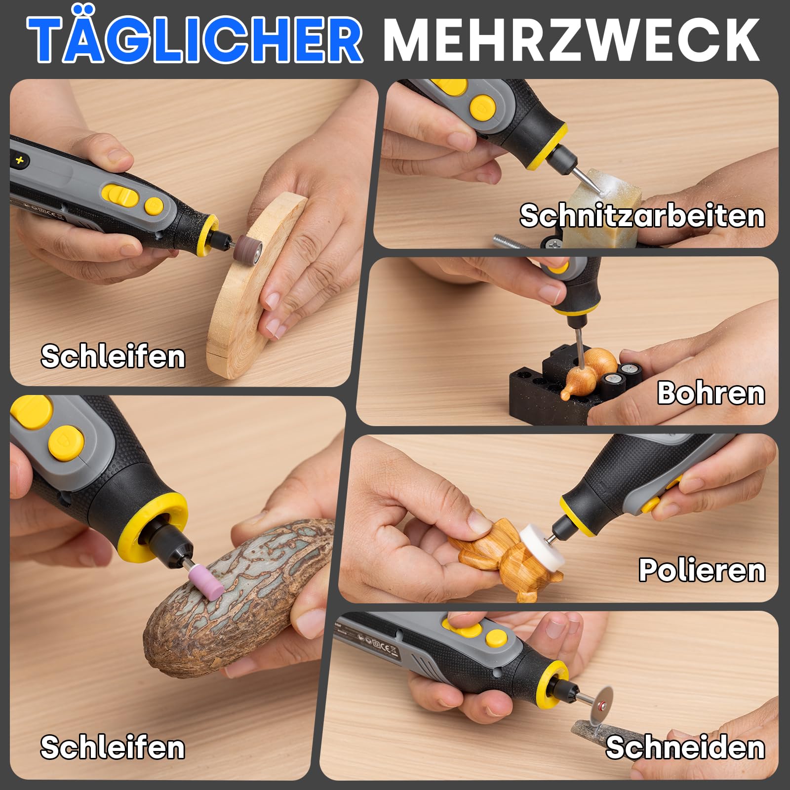 Enventor 4V Mini Multifunktionswerkzeug Akku, Rotationswerkzeug-Set, 5 Variable Geschwindigkeiten, 5000-25000 RPM, 104-tlg Zubehör zum Schnitzen, Schleifen, Polieren, Schneiden, Bohren 8