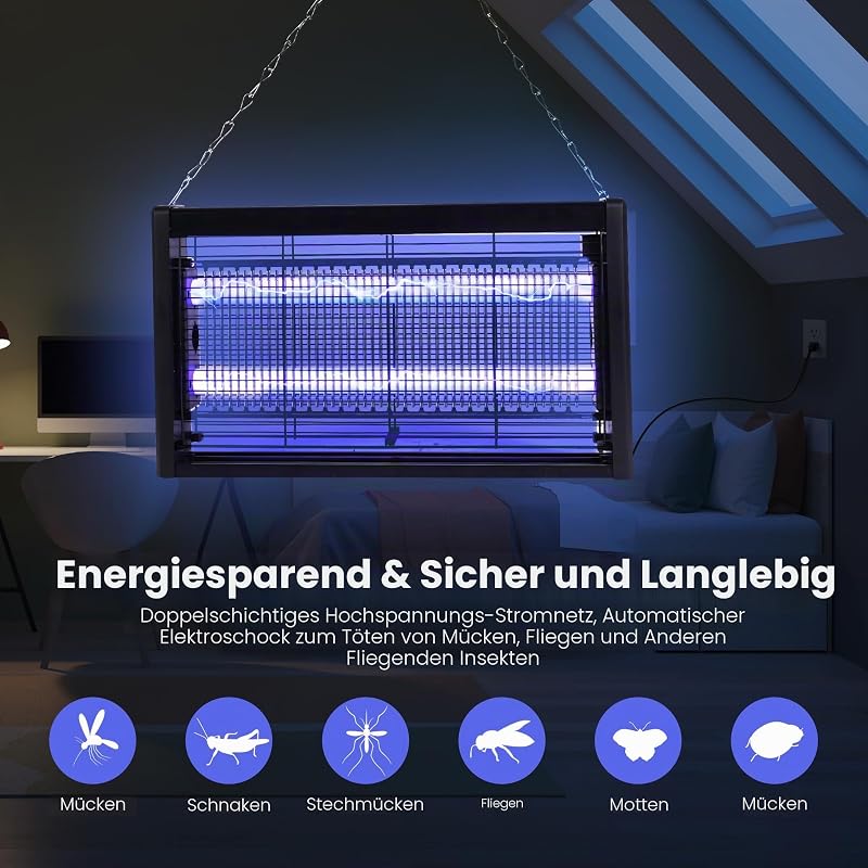 Insektenvernichter Elektrisch, Mückenvernichtungslampe, 20W Fliegenvernichter, elektronischer Insekten- und Fliegenvernichter für Haus, Garten, Hof und Großküchen
