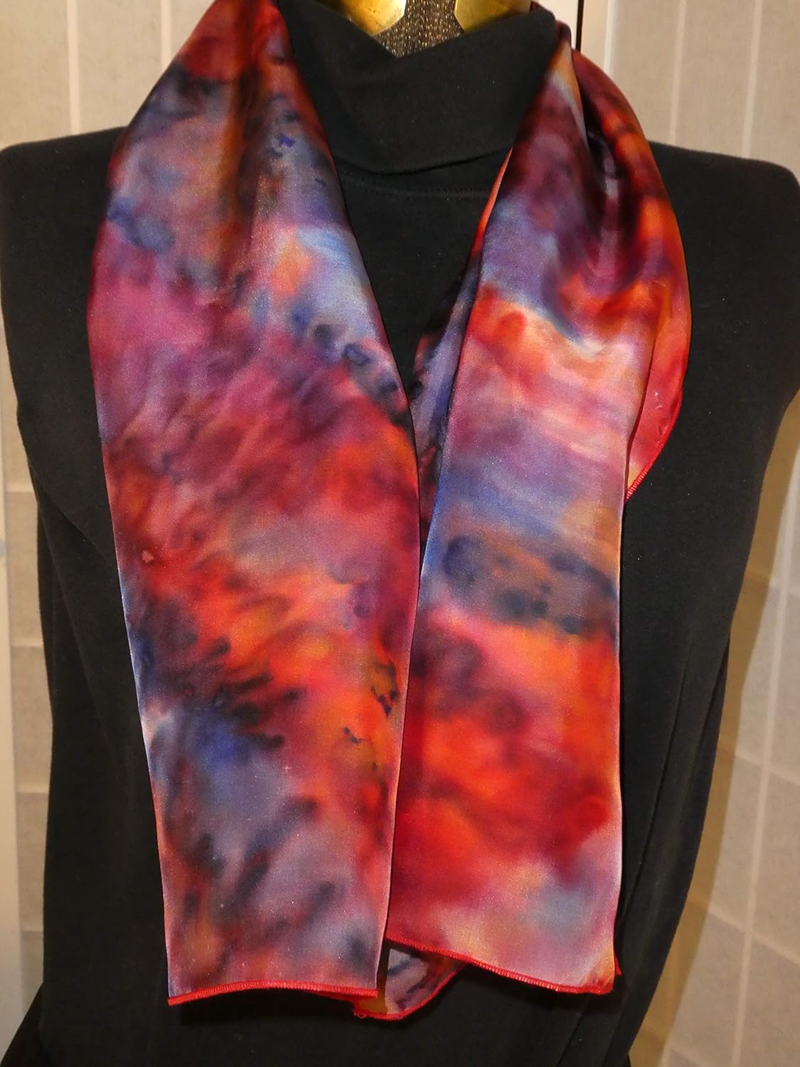 Silk scarf red and blue hand dyed scarf S202 Handmade