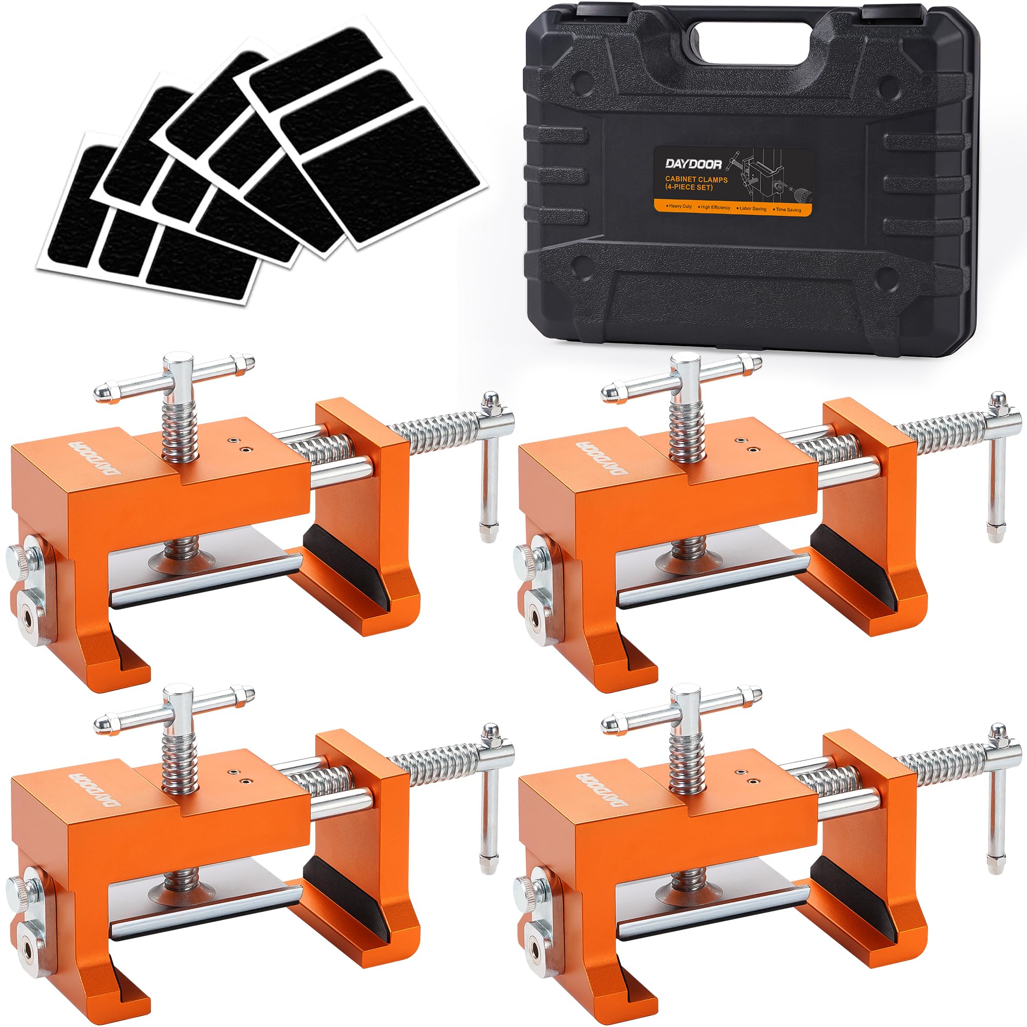 Photo 1 of DAYDOOR Professional Cabinet Clamps 4 Pack, Heavy-Duty Cast Steel, Integrated Drill Guide & EVA Protection, Face Frame Alignment Tool for Cabinet Installation & Woodworking, Orange