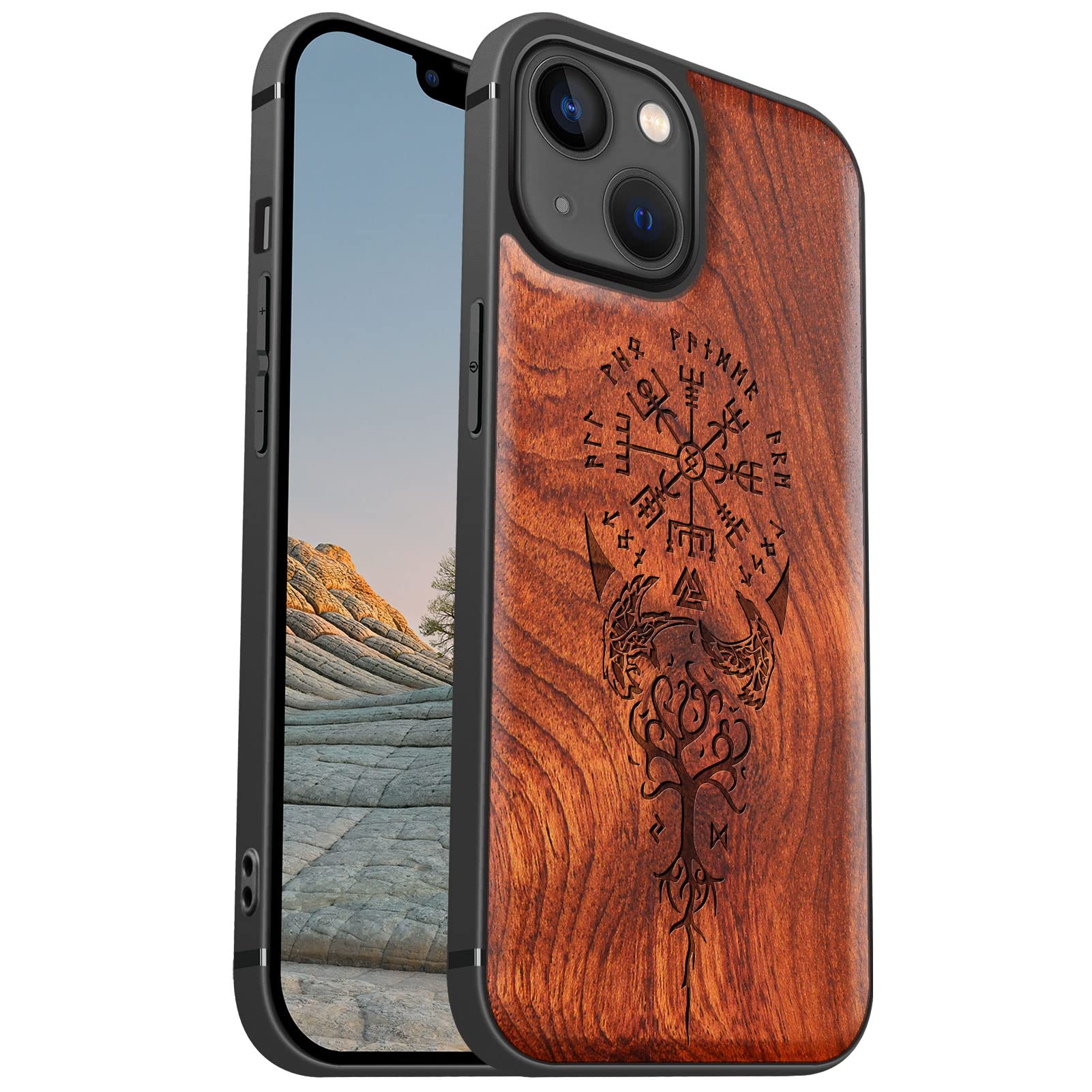 Carveit Magnetic Wood Case for iPhone 13 - Hard Real Wood & Soft TPU Hybrid Shockproof Protective Cover - Unique & Classy Wooden Case Compatible with MagSafe (Viking Compass Vegvisir-Rosy)