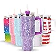 40Oz Bling Tumbler With Handle Studded Rhinestone Tumbler Glitter Cups with Lid Stainless Steel Vacuum Thermal with Straw for Ice Cold or Warm Drinking for Women Cup (Purple Shiny)