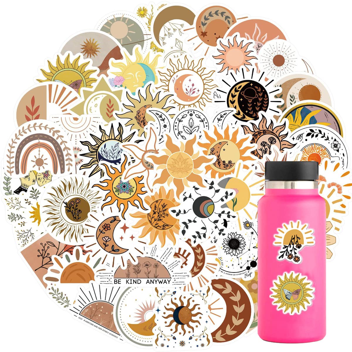 Sun and Flowers Stickers,50Pcs Aesthetic Vinyl Sun Stickers,Boho Decals ...