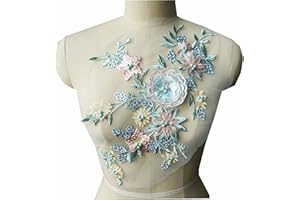MUMAYA Lace Fabric 3D Flowers Appliques Beads Rhinestones Embroidery Sew Patch for DIY Wedding Decoration Dress (Blue+Green)