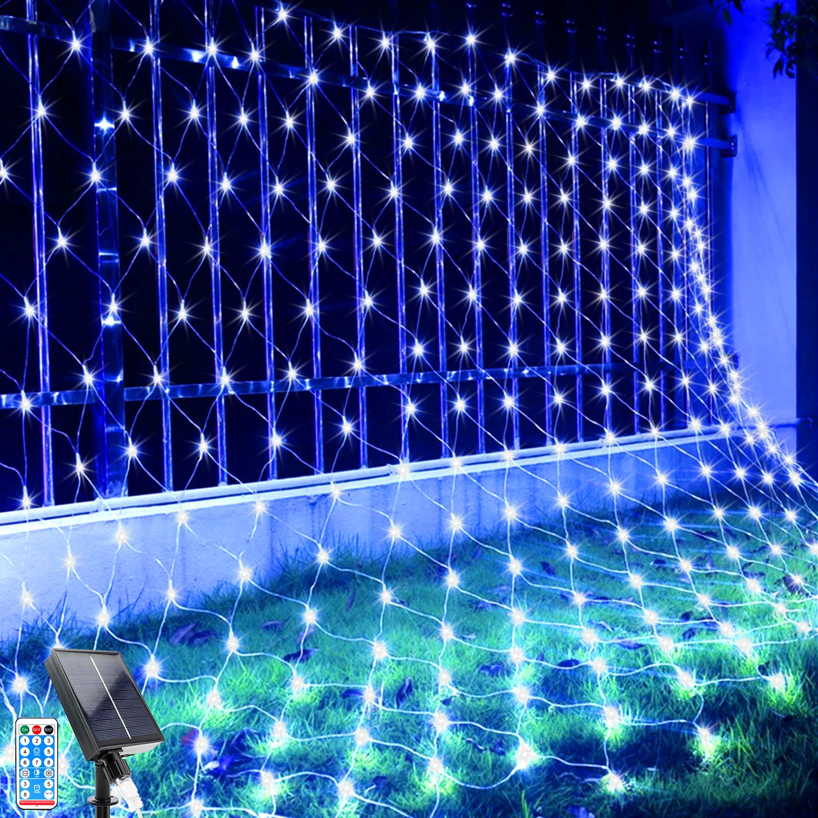 LED Solar Net Light, 1.5Mx1.5M Mesh Fairy String Lights, 96 LEDs 8 Modes Weatherproof Outdoor Net Lights Wrap Christmas Tree with Remote for Garden Balcony Fence Backyard Decor (1.5-1.5M-Blue)