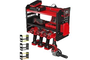 BUILTSTRONG Power Tool Organizer Wall Mount - 3-Tier Heavy-Duty Metal Hand Tool Storage Rack, Utility Racks, Drill Holder, PegBoard Side, & More - Garage Storage Cordless Tool Organizer (Red)