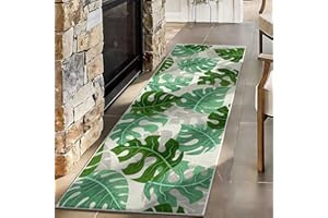 CRJMKS Green Leaf Washable Runner Rug,3x8ft,Tropical Plant Non-Slip Runner Long Hallway Rugs,Monstera Print Easy to Clean Lon