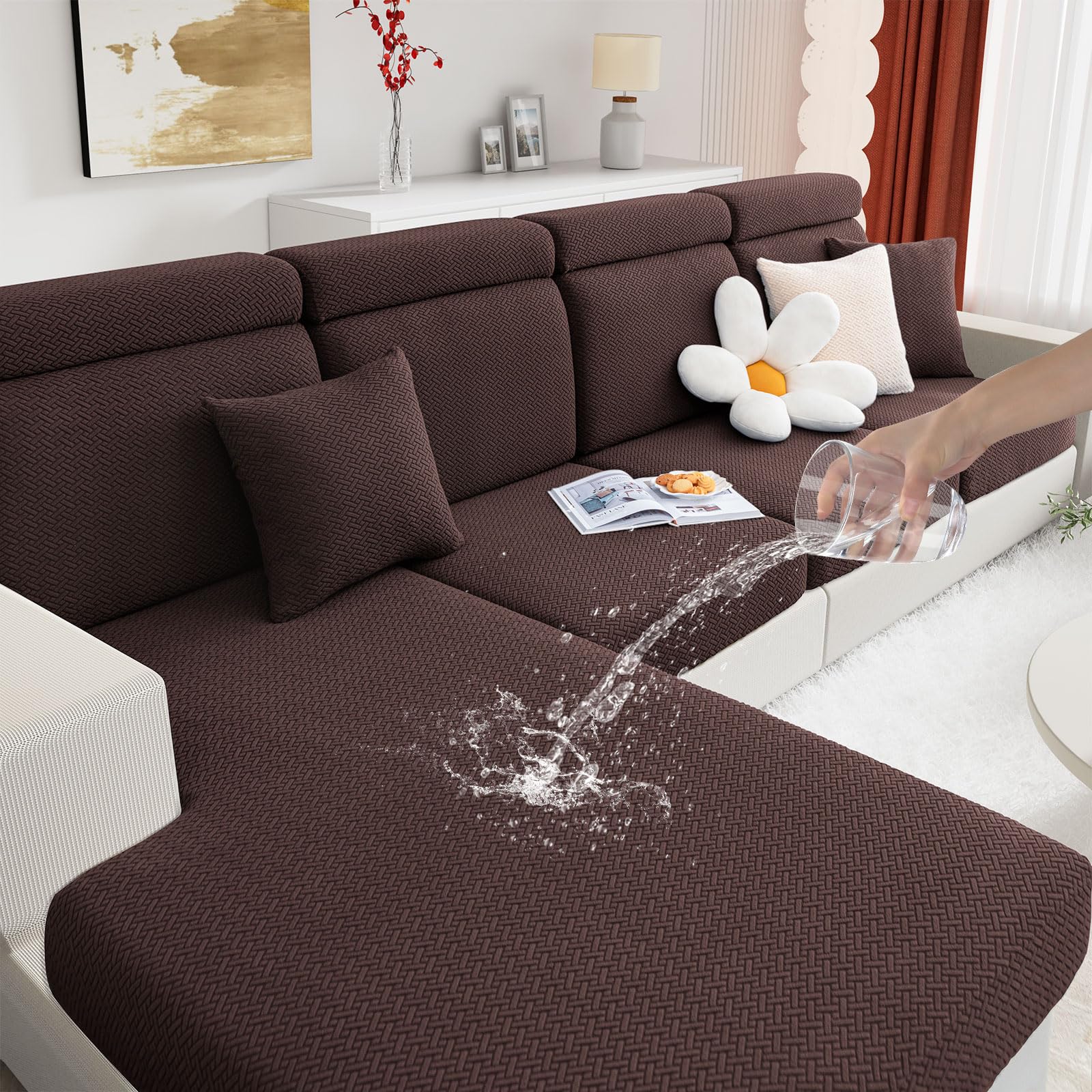 Photo 1 of hyha Waterproof Couch Cushion Covers, Wear Resistant Couch Cover, Anti Slip Sofa Slipcovers Washable, Soft Thick Jacquard Furniture Protector for Pets Dog (1 Piece for Medium, Chocolate)