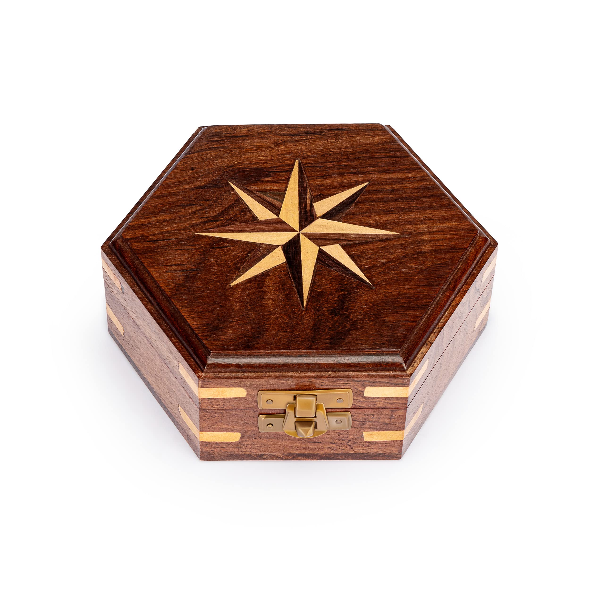 NKlaus 13.5 x 12 x 5 cm maritime wooden box hexagonal with elaborate wind rose inlay pattern made of wood and brass clasp 11636