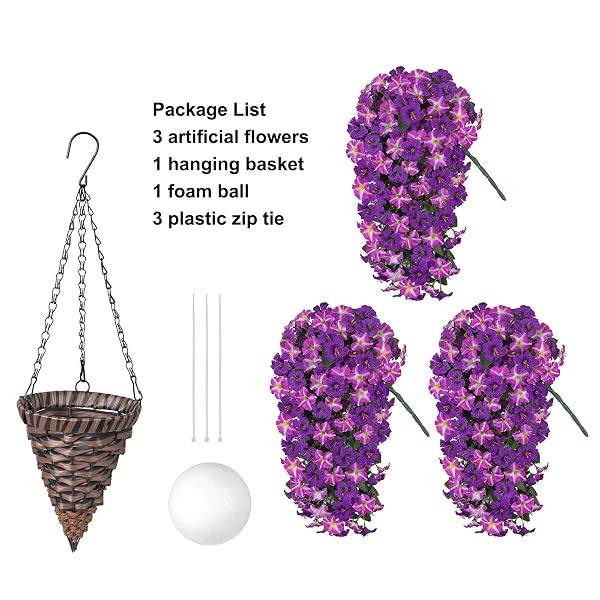HYEFLORA ARTIFICIAL FLOWERS WITH BASKET FOR OUTDOORS, 3PCS FAUX HANGING MORNING GLORY SILK FAKE FLOWERS LIFELIKE PLANTS UV RESISTANT FLOWERS FOR OUTSIDE PLANTER PATIO GARDEN PORCH DECOR (PURPLE RED)