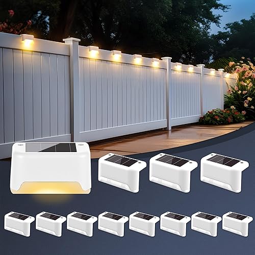 GIGALUMI Solar Fence Lights Outdoor Garden, 12 Pack Solar Step Lights, Waterproof Deck Decorative Lighting for Stairs, Yard, Patio, Gutter, Garden, Pathway Decoration (White, Warm White)