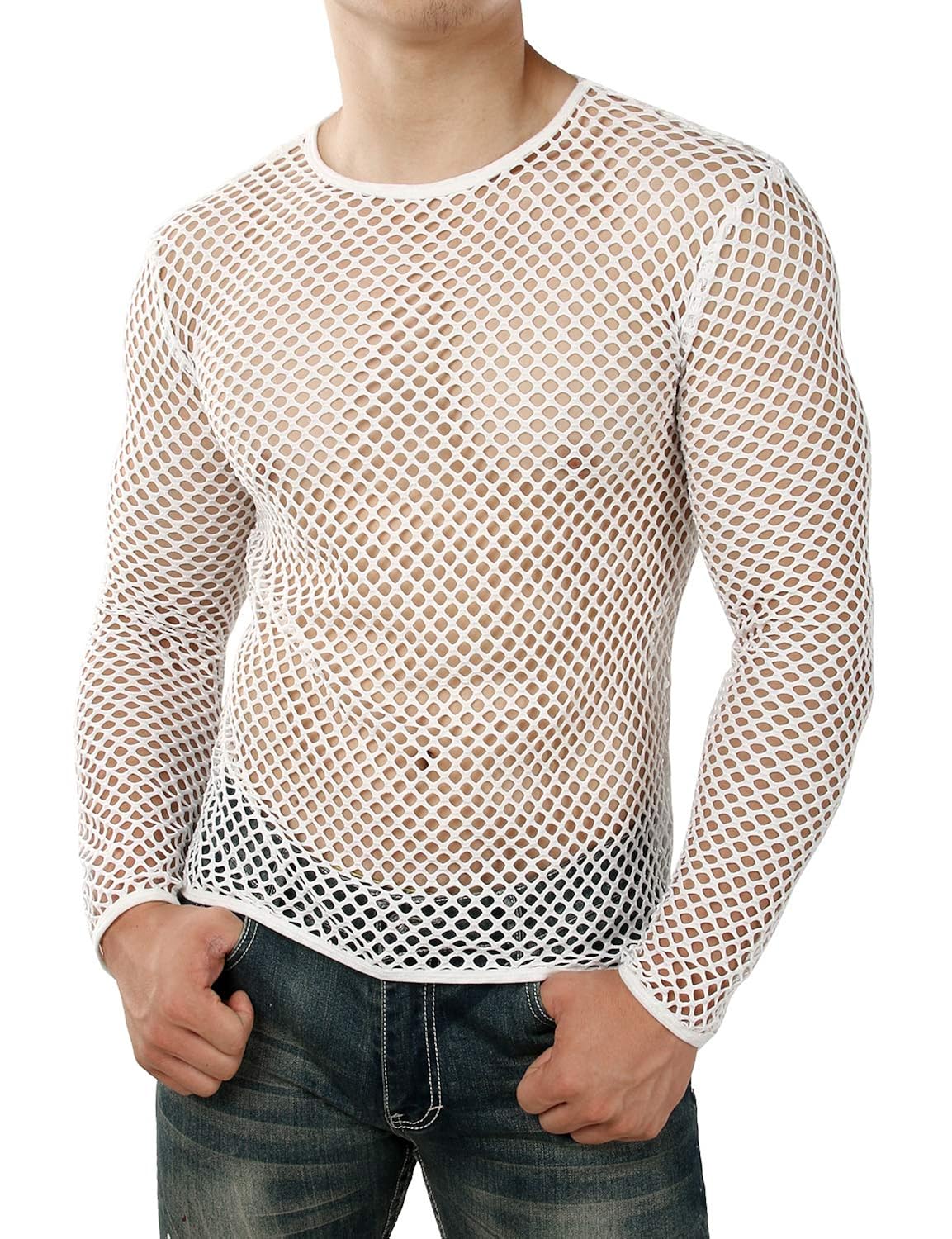 JOGAL Herren Muskel Transparent Shirts Langarm Netz Unterhemd