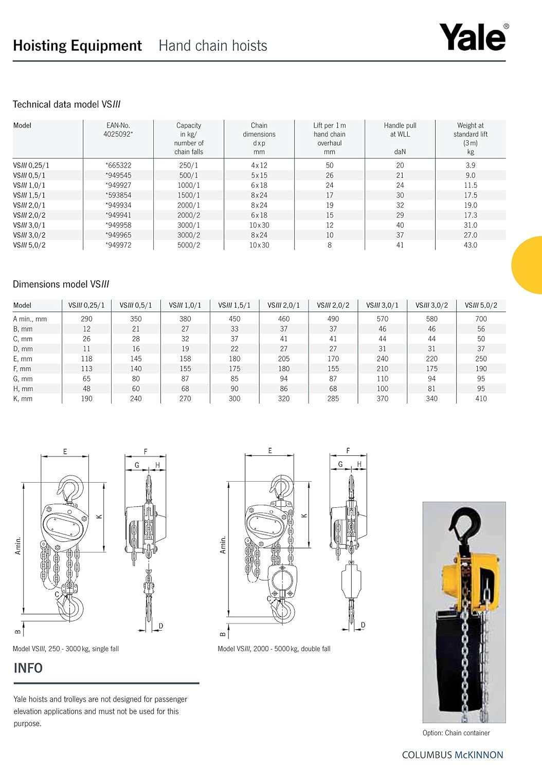 Yale AMZ1021113 VSIII 500kg 3m Hand Chain Hoist, VSIII, 500 kg, 3 m - Image 4