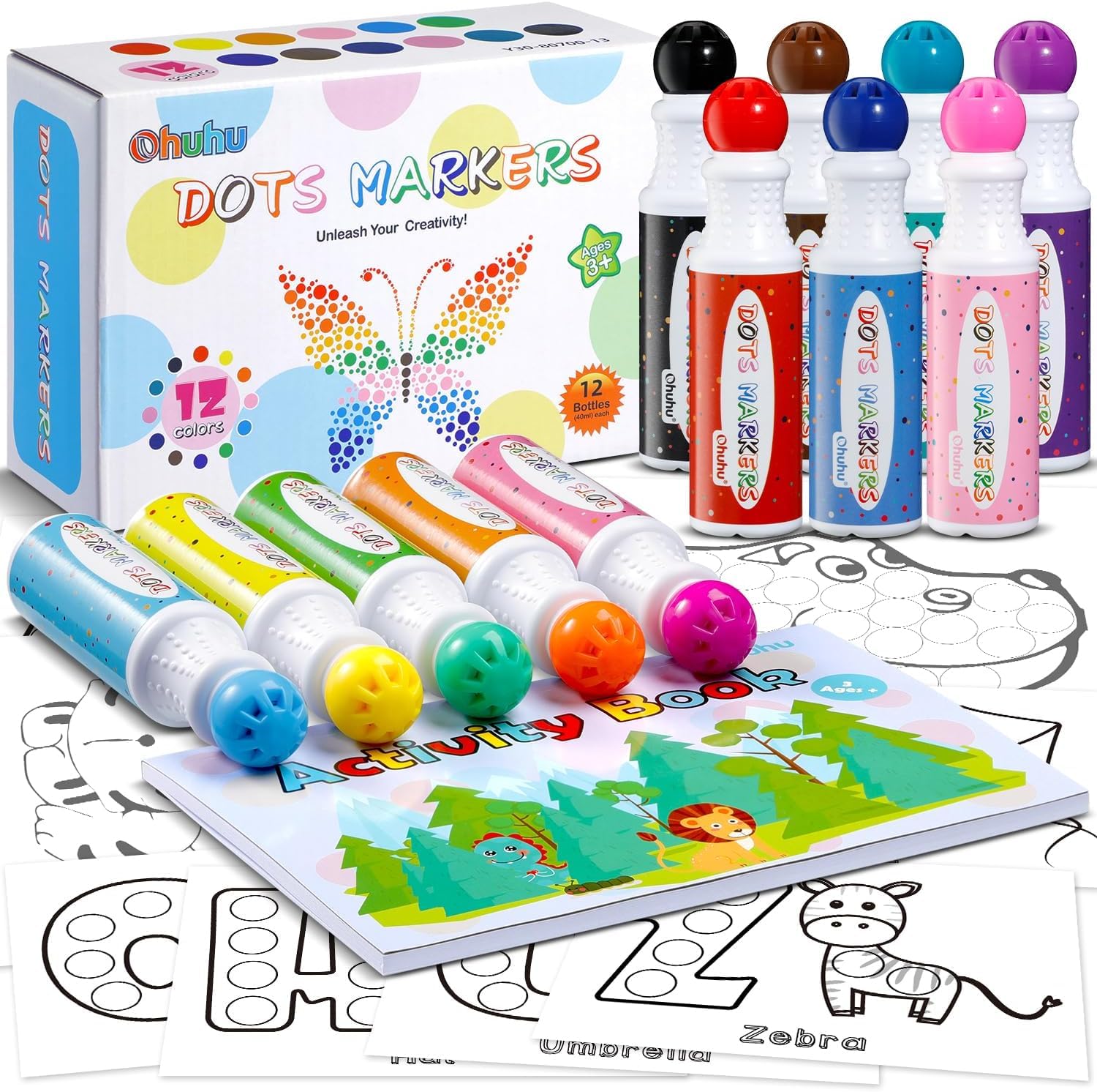 Ohuhu Bingo Pens and Dabbers, 12 Colours 40 ml/each Easy-Grip Washable Non-Toxic 3 Ages+ Bold Dot Markers with a Activity Book, Water-Based Ink for Kids Children Preschool Learning and Playing