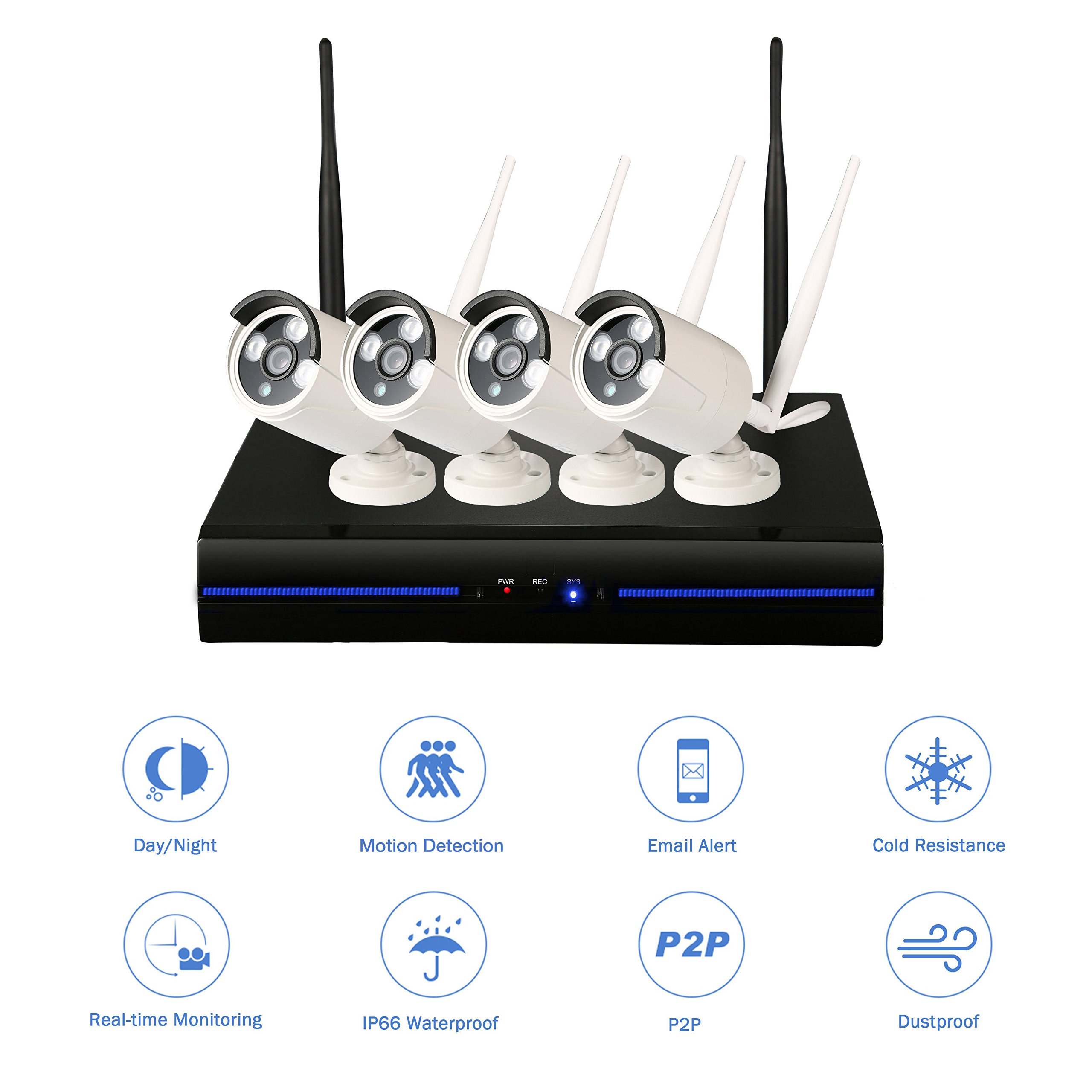 Security Camera Set Outdoor Wifi, 4 x 1080P Wireless CCTV Cameras Kit for Home Garden, IP Surveillance Camera System with Night Vision, Motion Detector, NVR Recorder with 1TB Hard Disk, IP66 Waterproof, Motion Sensor for Android,IOS & PC , 