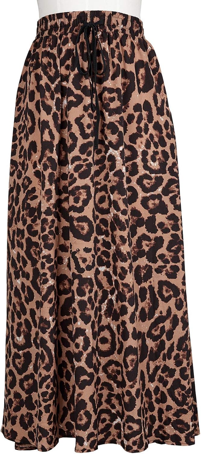 Womens Maxi Skirt Leopard Print Chiffon Beach Pleated High Waisted A-Line Long Skirts: Clothing