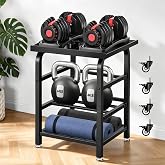 Adjustable 3-Tier Dumbbell Rack with Wheels, 500lbs Loading for Home Gym | Heavy-Duty Metal, H-Shaped Reinforced Frame, Adjustable Feet &amp; Rolling Casters with Brake, Fits Multiple Weights(Rack Only)