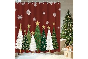 Moutina Merry Christmas Shower Curtain, Christmas Tree Snowflake Xmas New Year Holiday Winter Decor Red Bathroom Curtain Set - 72x72 Inch Waterproof Polyester Fabric with Hooks