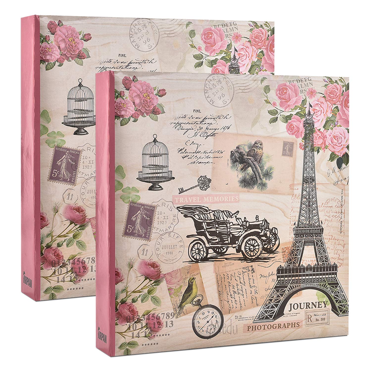 2 X Slip in Case 3-Ring Binder Photo Album CD/DVD Pocket Horizontal Vertical Pockets Holds 500 Photos 6'' X 4''/ 10x15 Cm (Vintage Travel)