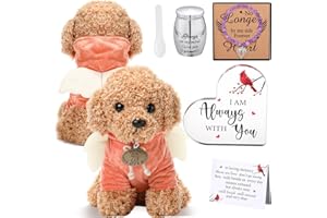 Kenning 5 Pcs Funeral Gift Set Cremation Stuffed Dog for Ashes with Spoon Tiny Urn Keepsake Acrylic Heart Shaped Memorial Plaque Decor Bracelet with Wings for Remember Loss of Loved One (Light Brown)