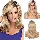Kalyss Long Wave Blonde Wigs with Hair Bangs Ombre Blonde Long Curly Wigs for Woman Heat Resistant Synthetic Hair Wig 18inch