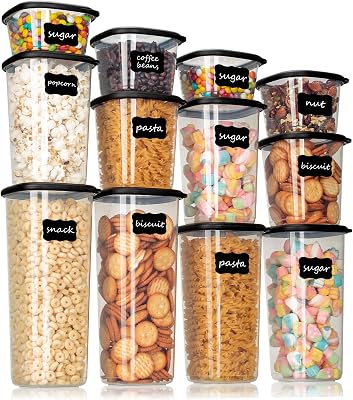 Set de recipientes herméticos para alimentos – 12 botes cocina (2x 0.36L-1.64L) und 16 etiquetas negras, ideal para almacenaje cocina, tarros cocina